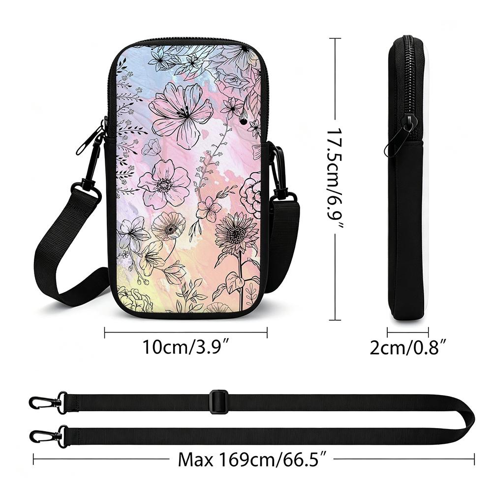 Watercolor Floral Poppy Ranunculus Sunflower Botanical Line Art Pastel Spring Pattern Adjustable Removable Strap Crossbody Phone Bag