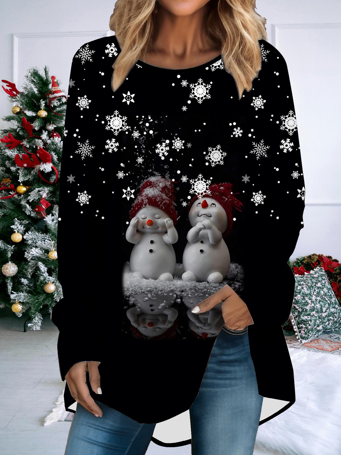 

Женская футболка больших размеров с принтом снеговика на весну и Рождество, удобная, с длинным рукавом, круглым вырезом, повседневная, свободного кроя, средней длины, топы L белый