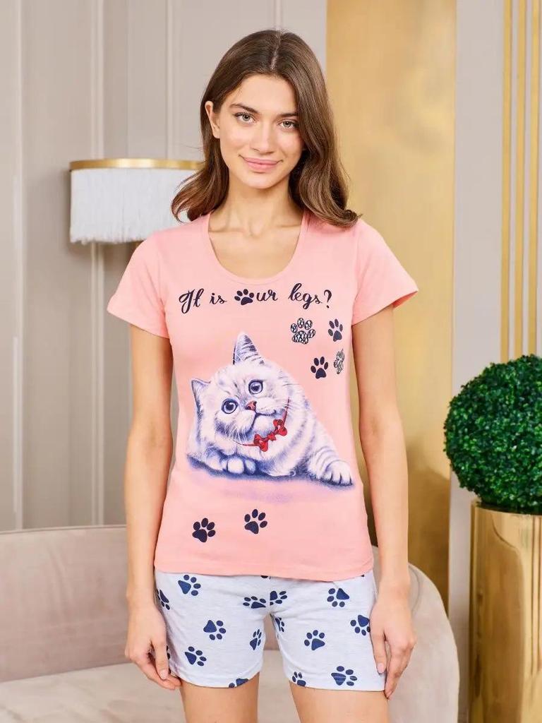 Women's 2024 Cat Cartoon Pajama Set - Short Sleeve Top & Shorts, Comfortable, Casual Homewear.
