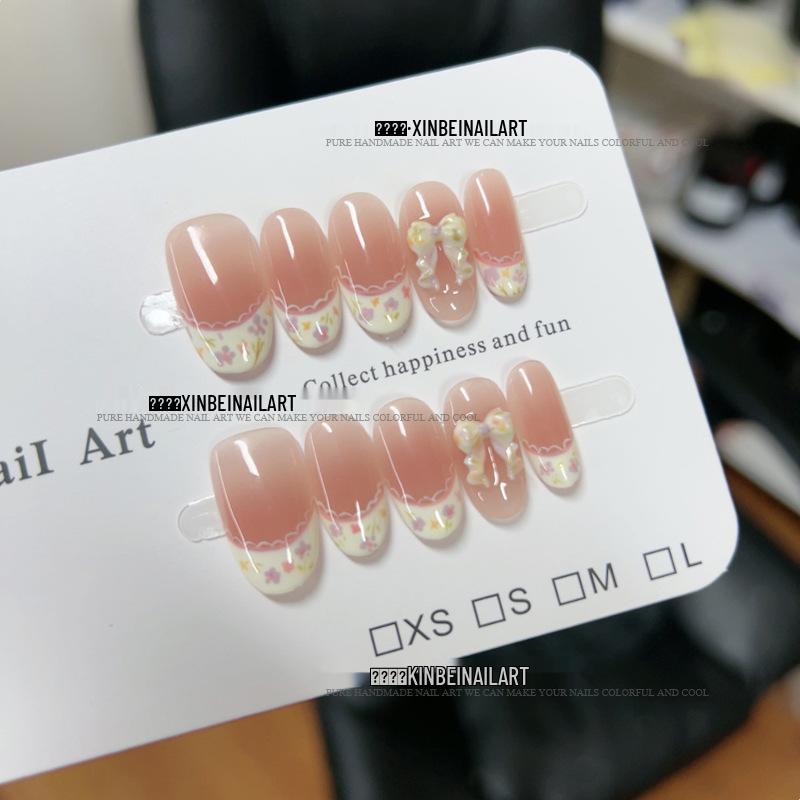 

Hand-Painted Lolita Floral Dress with Lace Trim & French Blush Press-On Nails