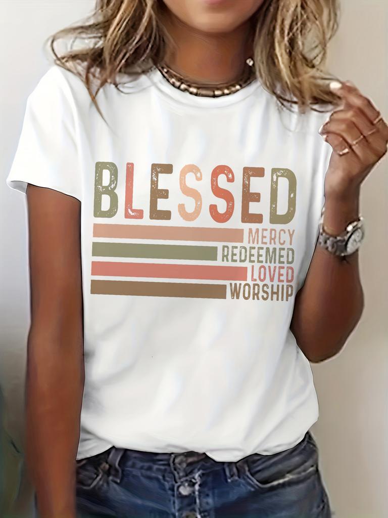 European sizes Long Sleeve Basic Tees for Women Featuring Blessed, Positive Words, Mercy, And Worship, Perfect for Holiday Wear.