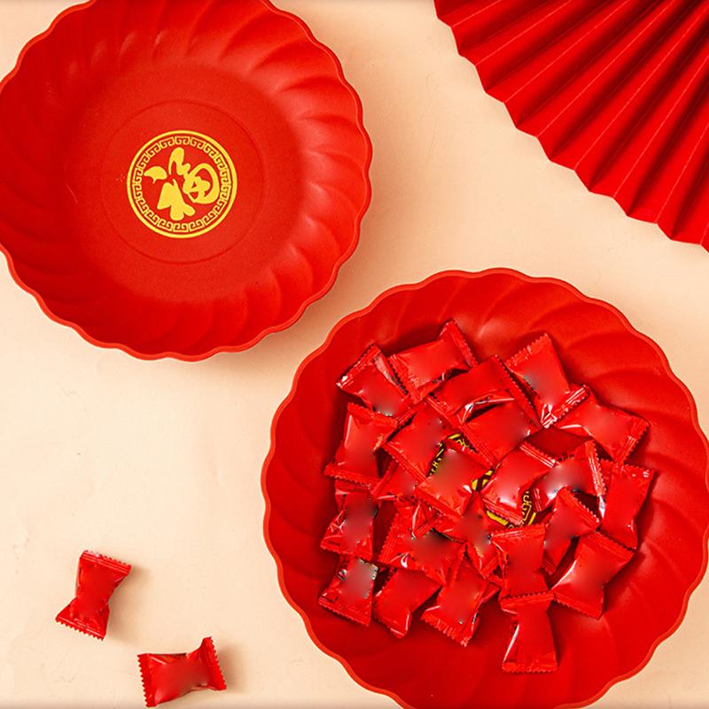 4Pcs Red Wedding Snack Tray Round Plastic Chinese  Year Nut Fruit Plate Chinese Thickened Serving Tray Entertainment