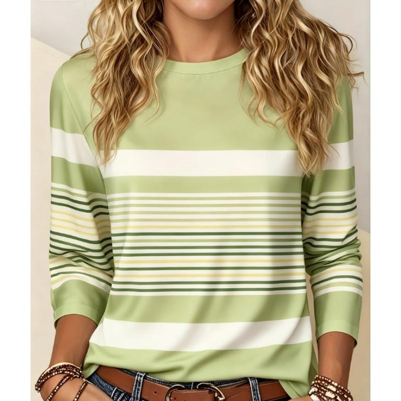 Round Neck Long Sleeve Printed T-Shirt, Contrast Stripe Design, Simple and Elegant with High-Quality Feel