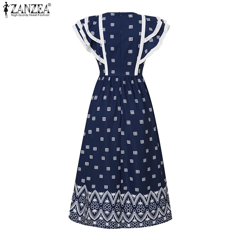 ZANZEA Women Casual Round Neck Loose Ruffles Sleeve Summer Long Dress