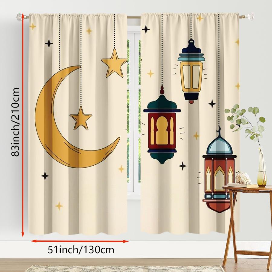 2pcs Cute Crescent Moon & Lantern Curtains Islamic Festival Design Sheer Light-Filtering Fabric Living Room Bedroom Window Decor