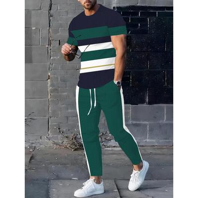 Summer New Men's Short-Sleeved Long Pants Set - Street Casual Fashion Comfortable Soft 3D Stripes Pattern Print