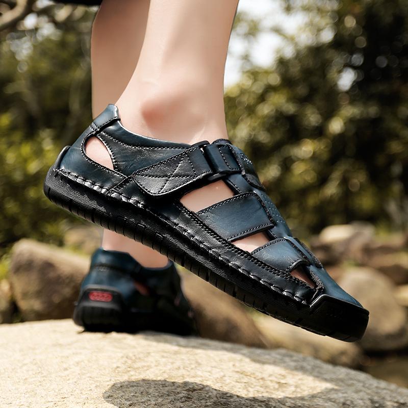 Men Outdoor Hiking Sandals Brown Leather Closed Toe Blue Beach Shoes Wide Handmade Sandals Plus Size for Father