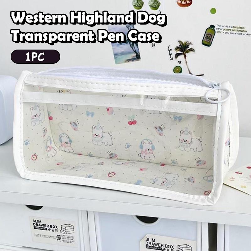 1/2 Pcs Cute West Highland Dog Transparent Pencil Case Large Capacity Portable Girl'S Makeup Bag Student Stationery Pen Bag Gift