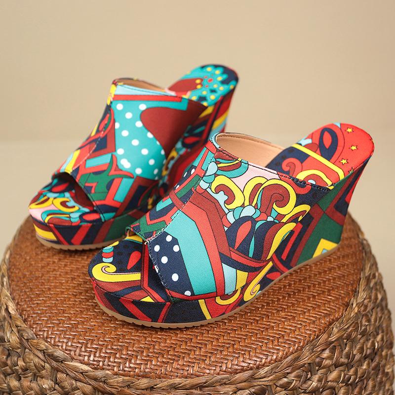 Fashion Slope Slippers Summer New Round Head Open Toe Printed Waterproof Table Cover Foot Anti-slip Wear-resistant High Heels