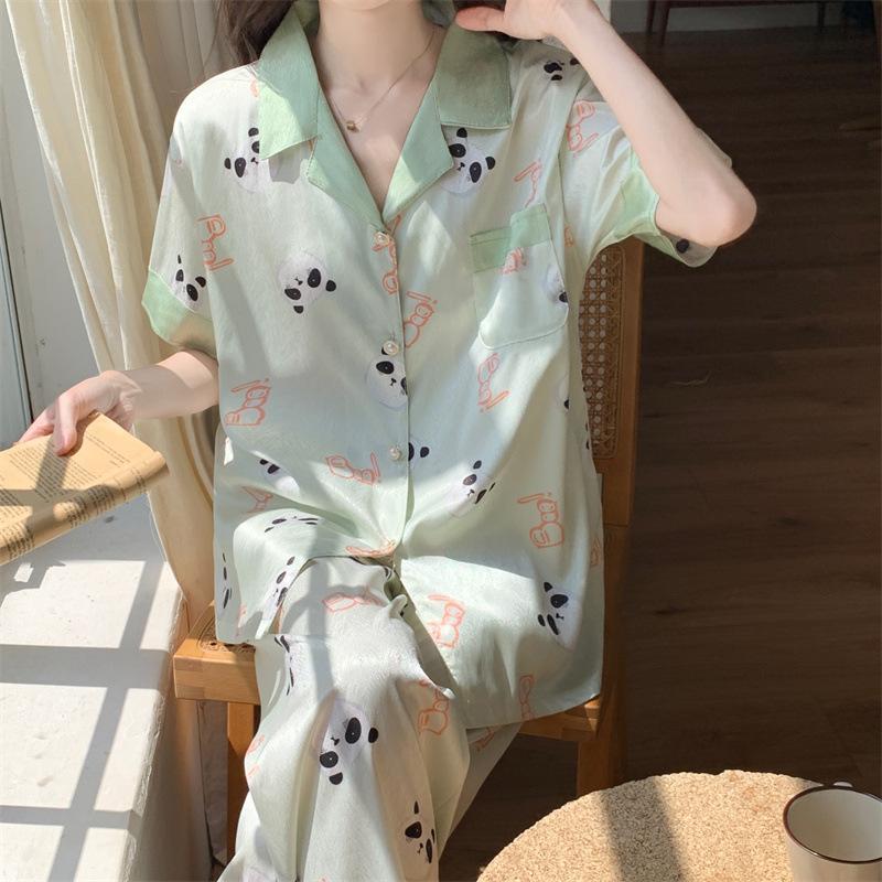 

Пижама женская летняя из ледяного шелка, костюм с коротким рукавом, брюки с красной пандой, комплект из двух предметов, домашняя одежда для улицы M