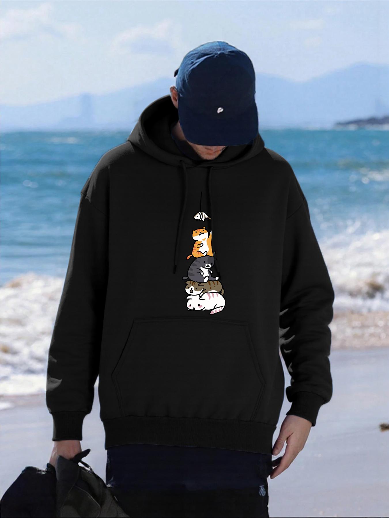 

Fish Catching Cats Printed Men Hoodies Multicolor Fleece Pullover All-Match Pocket Hoody Hip Hop Oversized Male Streetwear 2XL
