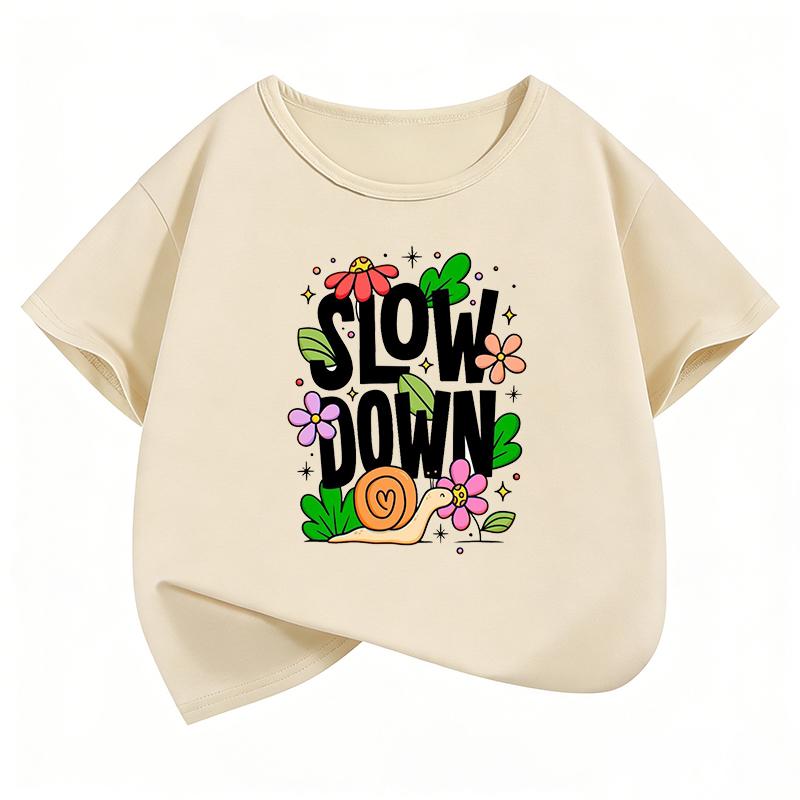 Slow Down Letter Printed Flower Funny T-Shirt Printed T Shirt Girls' Summer Clothes Short Sleeve Tops T-Shirt Cute Boys Clothing