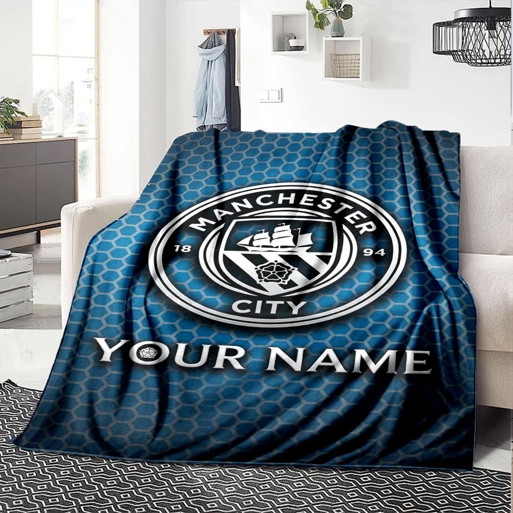 Name Custom Manchester City FC Logo Print Flannel Blanket High Quality Warm Comfortable Cover for All Seasons Perfect for Gifts Home Decor