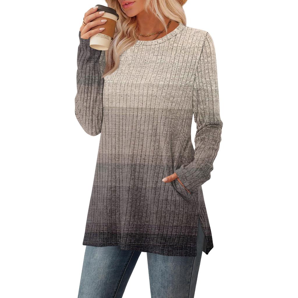 Womens Sweaters Crewneck Long Sleeve Shirts With Pockets Fall Outfits  Fashion Winter Clothing Side Slit