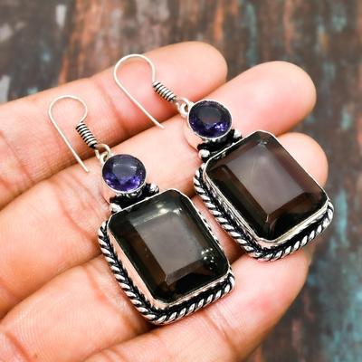 Smoky Topaz, Amethyst Gemstone Handmade 925 Sterling Silver Jewelry Earring