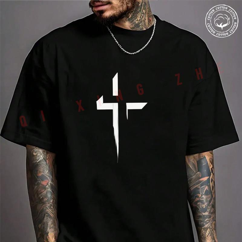 Minimalist Cross Print Motorcycle Cotton T-shirt Summer Casual Short Sleeved Basic TShirt Round