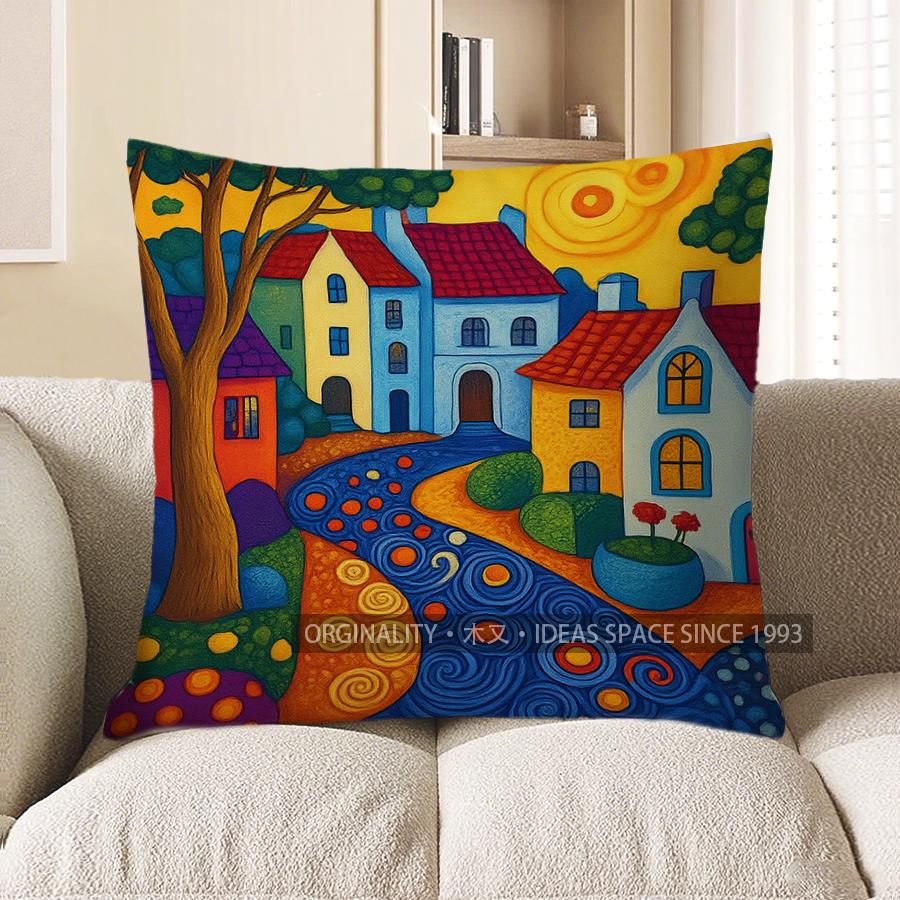 Home Decor Colorful Village Landscape Pattern Pillow Cover Pattern Cushion Cover Suitable For Sofa Bedroom Car Pillow Cover