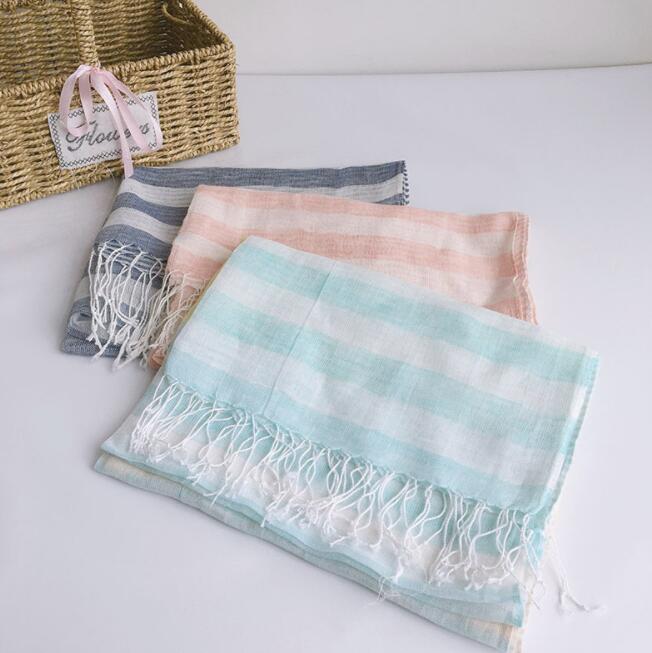 Japanese Design Spring And Summer Thin Light Breathable Linen Scarf Elegant Bright Color Striped Scarves 55*180Cm