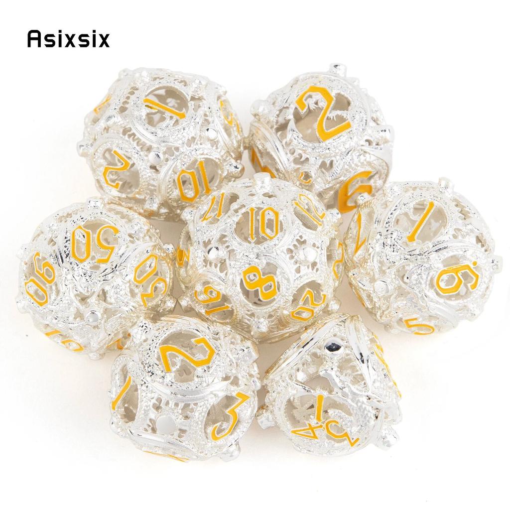 7 Pcs White Yellow Circular Dragon Metal Dice Hollow Metal Polyhedral Dice Set Suitable for Role-Playing RPG Game Card Game