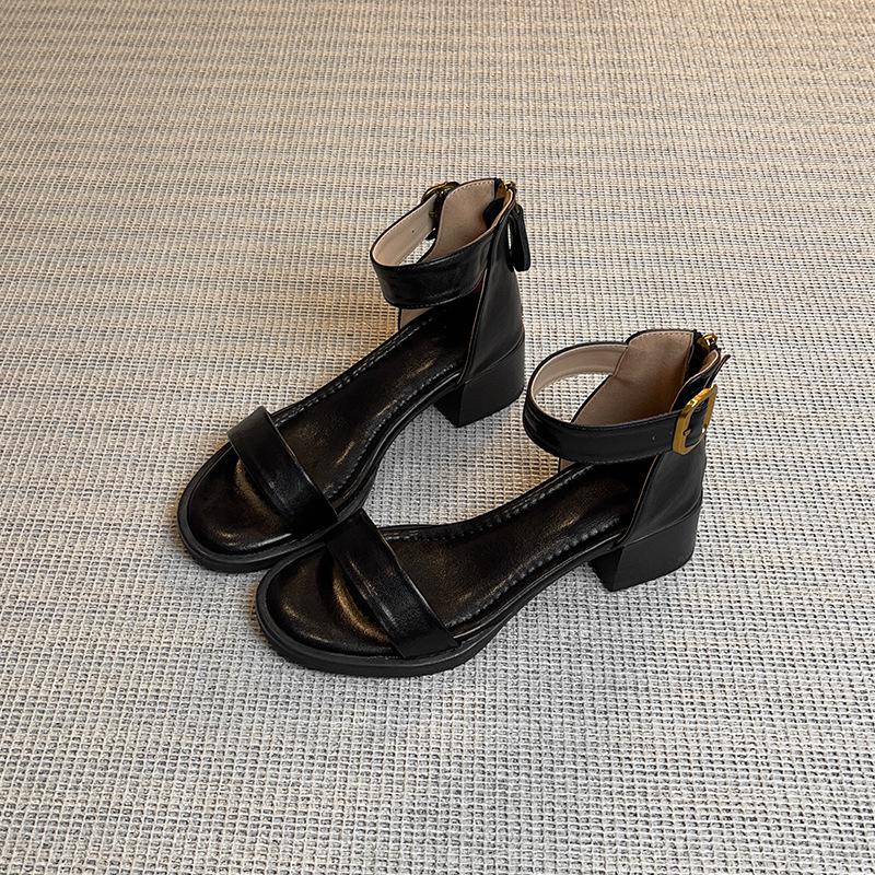 French Retro One-word with Sandals for Women's Summer Wear, Stepping On Shit, High Heels, Soft Soles, Thick Heels, Medium Heels, Soft Soles, Not T