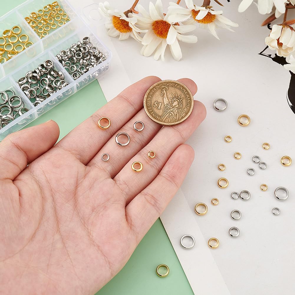 PH PandaHall 220pcs 6 Styles 18K Gold Spacer Beads with Large Hole Stainless Steel Smooth Round Spacer Beads, Flat Round Donut Metal Beads for