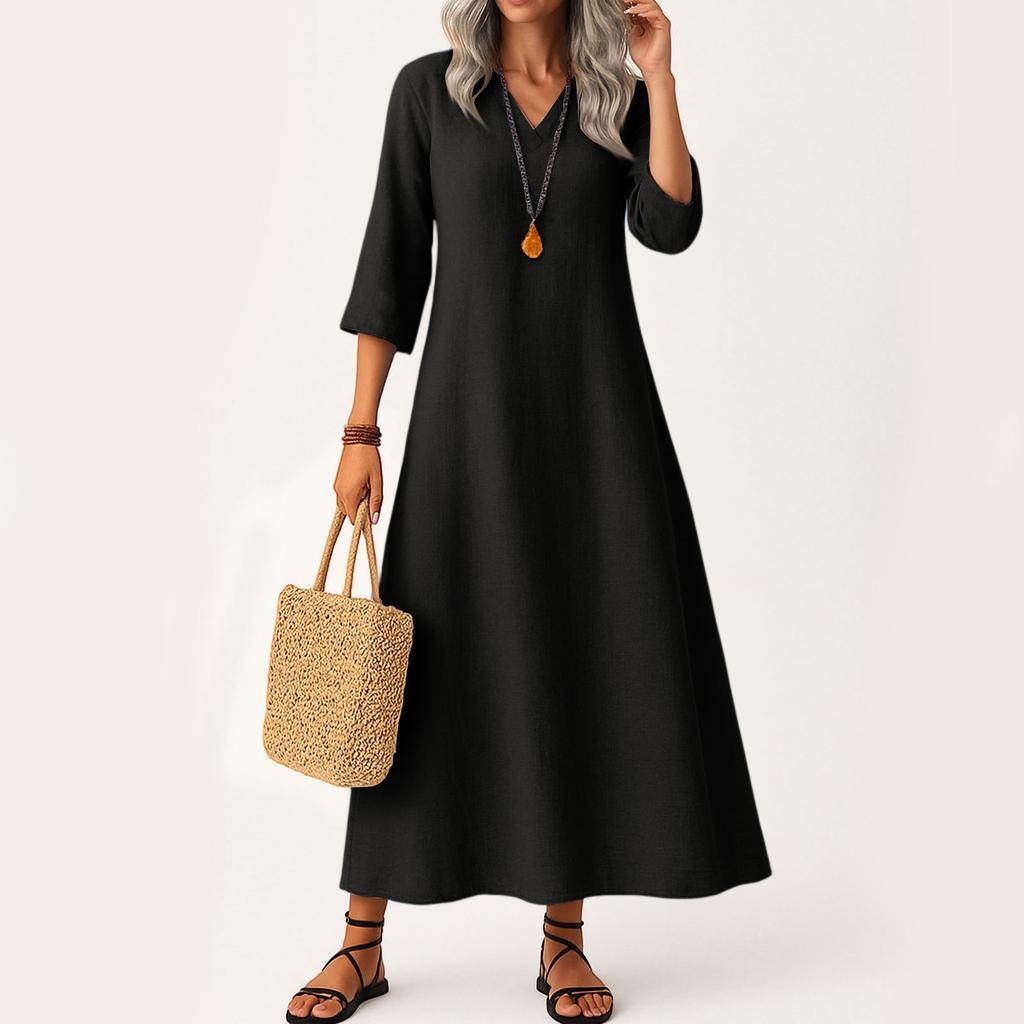 Dress For Women Long Boho Beach Dress Elegant Maxi Dress V-Neck 3/4 Sleeve Dress With Pockets