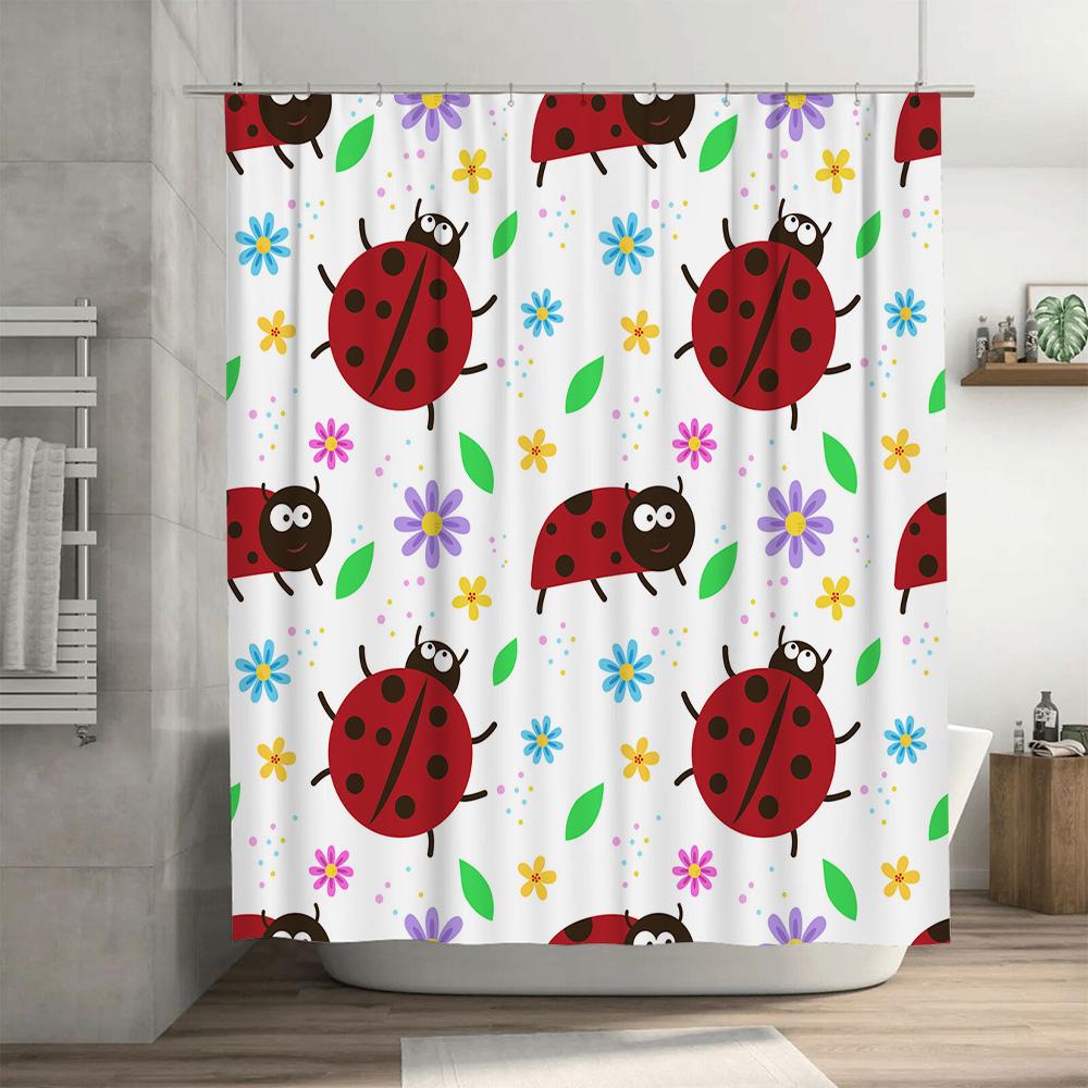 Bright Ladybug Shower Curtain 3D Printed Fabric Waterproof Bathroom Decor with Floral Print