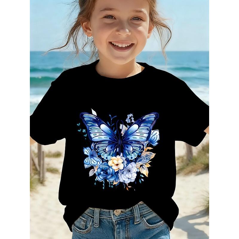 

European sizes Cute Cartoon Purple Butterfly T-Shirt, Summer Daily Casual O-Neck Short Sleeve Top, Girls Kawaii Comfortable Round Neck T-Shirt 98cm чёрный