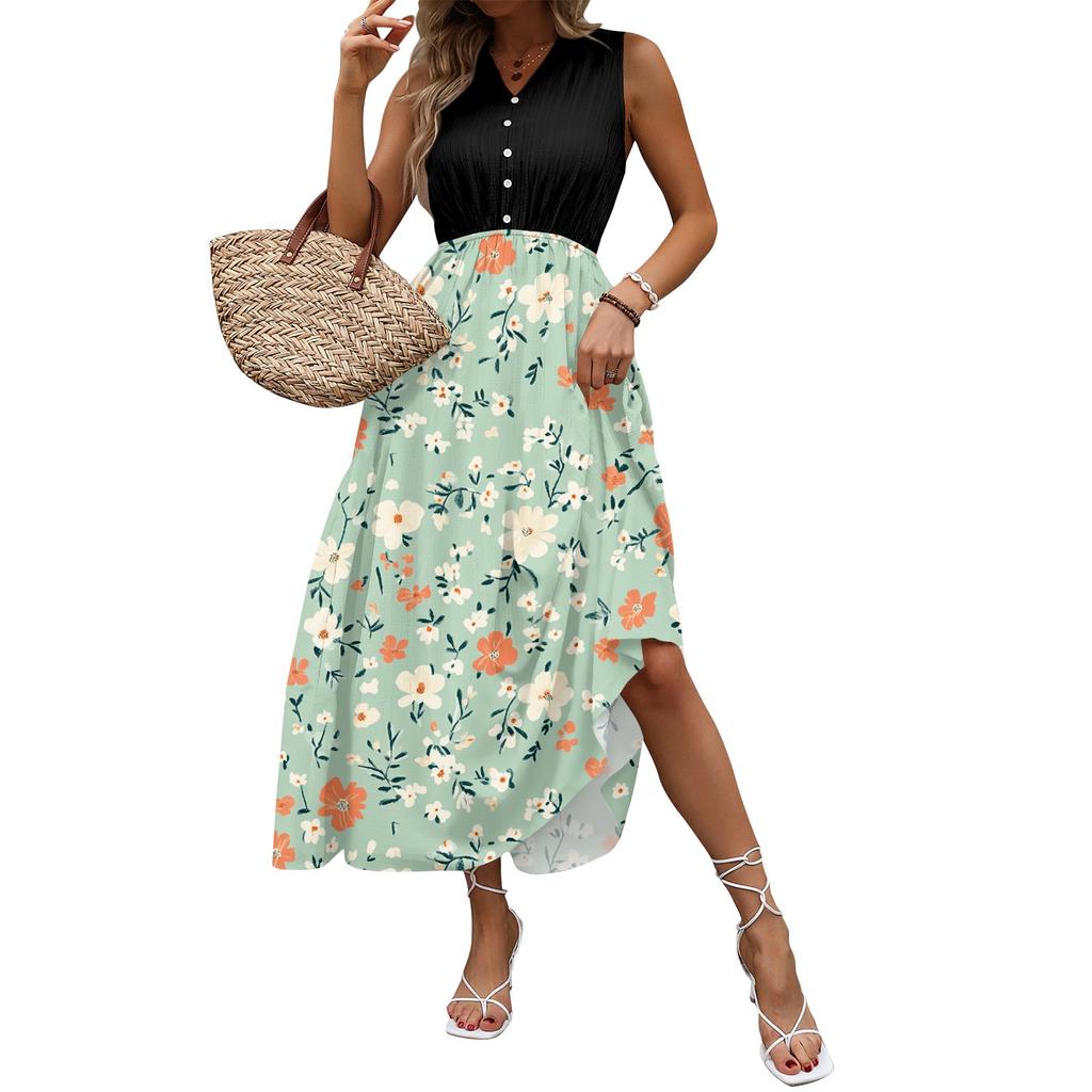 Women Summer Dresses Bohemian Women's Casual And Fashionable V-neck Sleeveless Printing Mid Length Dress