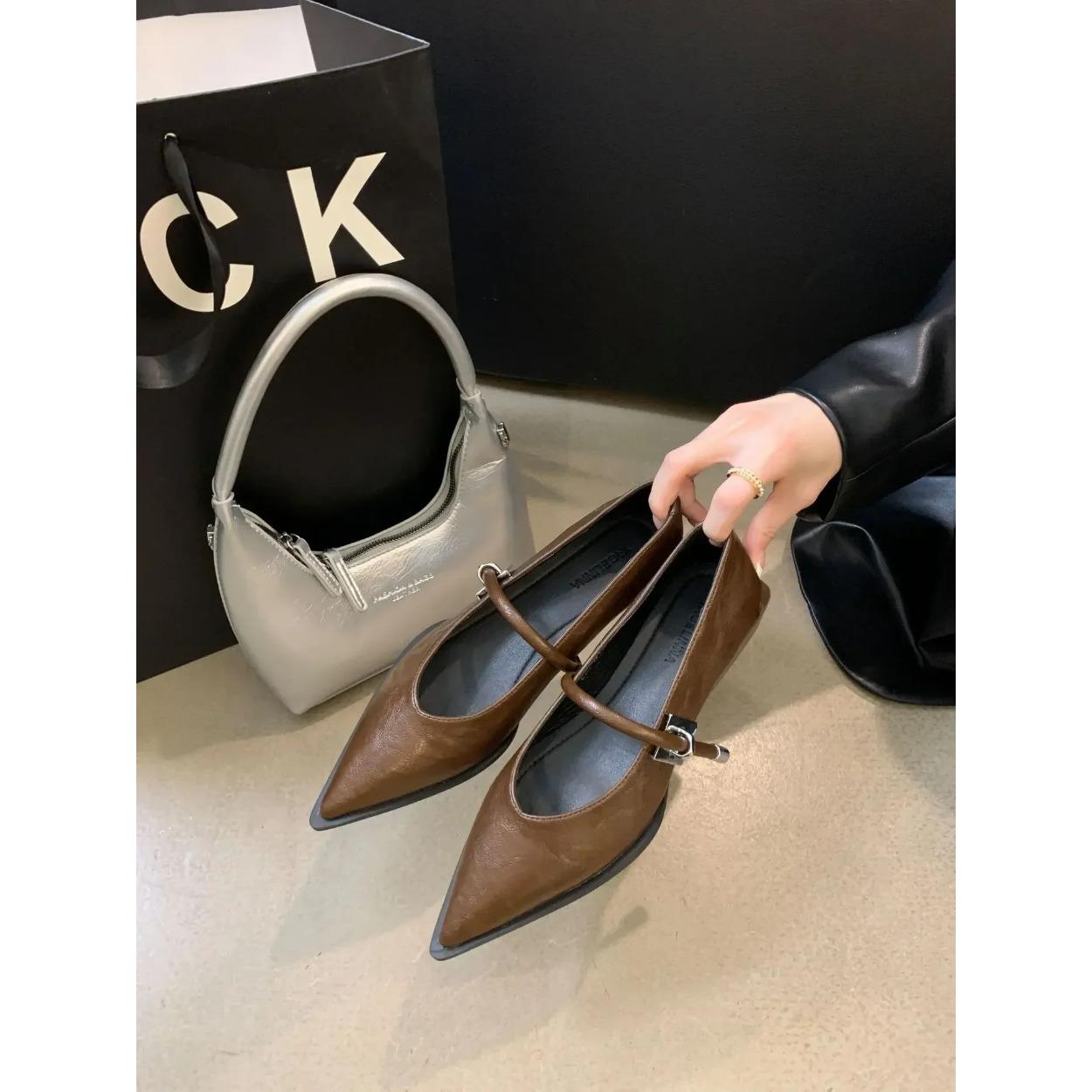 

Весна Осень Женские туфли-лодочки с острым носком Модные туфли на низком каблуке Женские туфли Мэри Джейн в уличном стиле Zapatillas De Mujer 38 коричневый