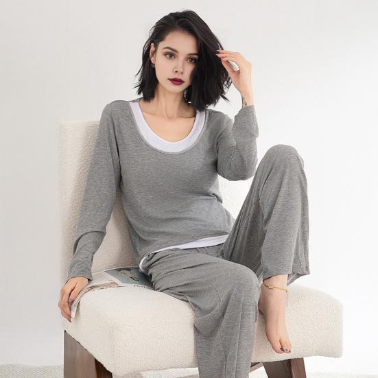Two Piece Modal Pajamas Set for Women Long Sleeve Top And Pants Sleepwear with Built-in Bra Casual Loungewear Pjs Set