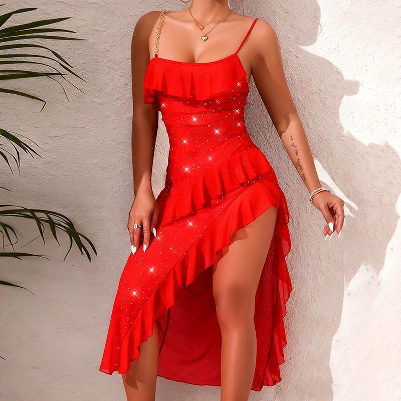 White Rhinestone Chiffon Ruffle Chain Strap Asymmetrical Midi Dress S