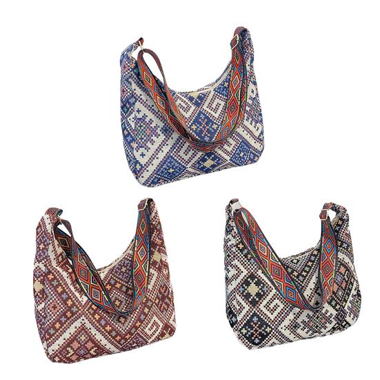 Women Ethnic Crossbody Bag Canvas Shoulder Bag with Adjustable Strap Multicolor Hobo
