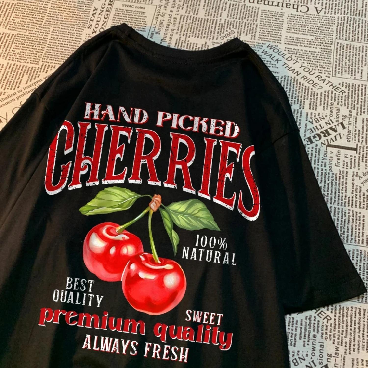 

Fashion Cotton Women S T-Shirts Hand Picked Cherries Printing Tops Oversize Crewneck Soft Short Sleeve Street Female 61551 S чёрный