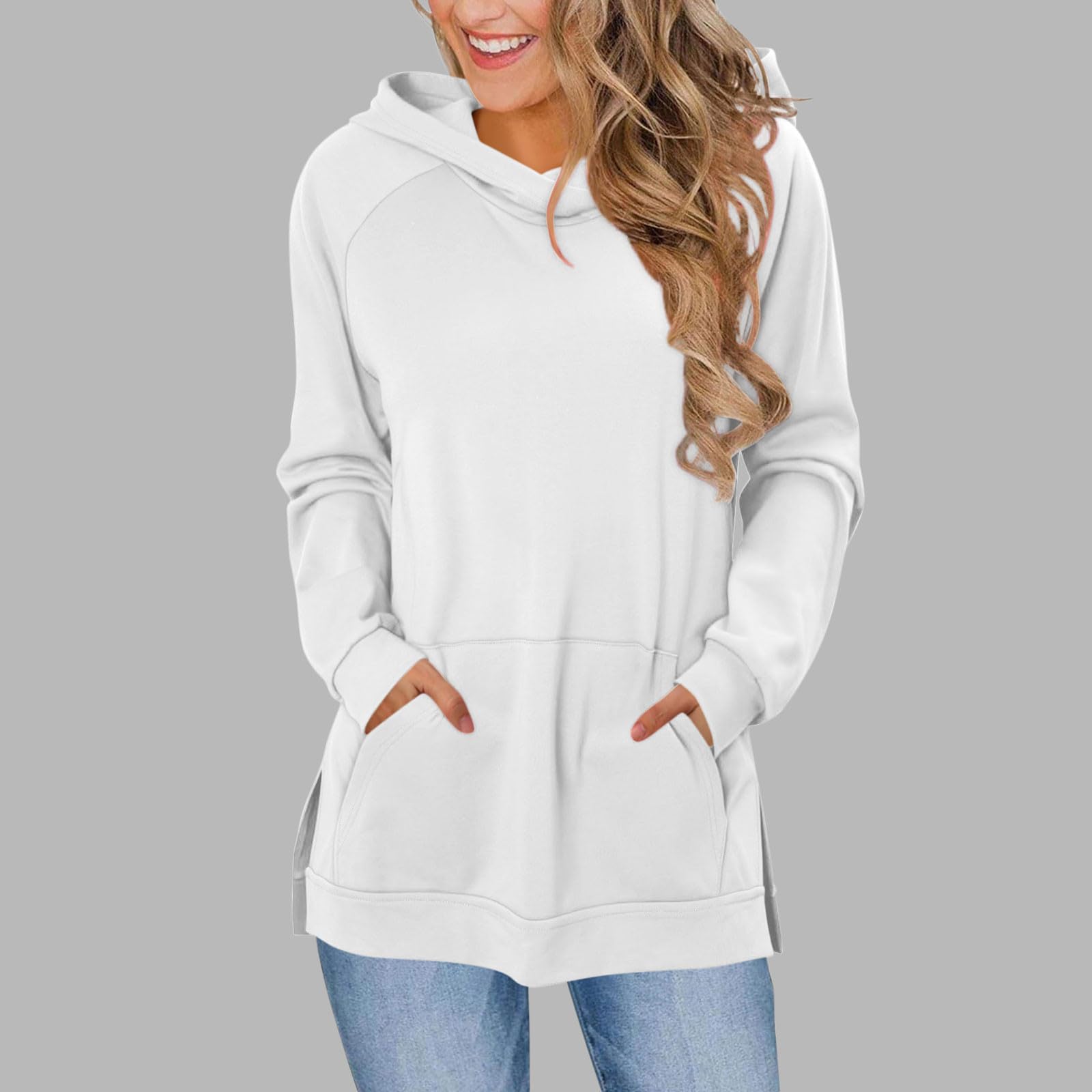 

Women s Fashionable Solid Color Hoodie With Shoulder Wiping, Long Sleeved Pockets, Slit Hem, Hoodie Top XL білий