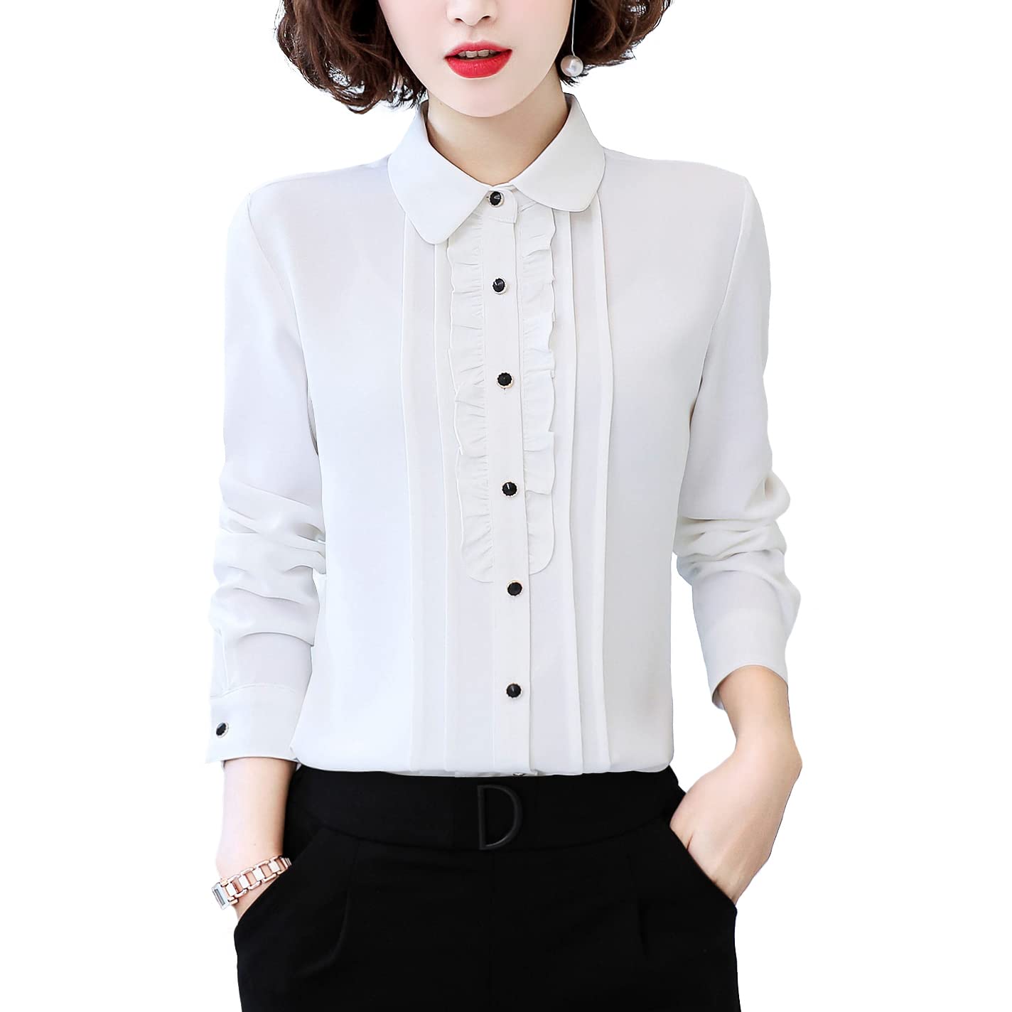 

Bolan Verl White Long Sleeve Blouse with Casual Solid Perfect for Office Size M Women s Ruffles, Top, Color, Thick, Elegant, Commuting, Business,