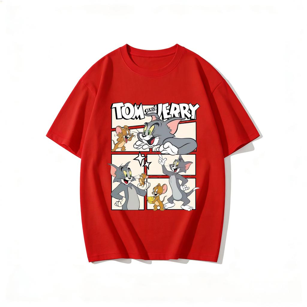 2026 New Tom Jerry Print Tshirt Casual Loose Couple Family Matching Outfits Short Sleeve Cotton Tee Summer Streetwear Tops Y2k