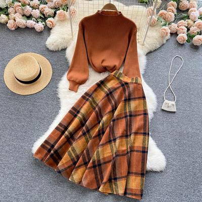 Women's Autumn Winter New Fashion Long Sleeve Knitted Sweater Pullover Tops Plaid Woolen Blends Skirt Two-piece Sets