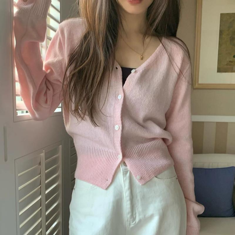 Korean V Neck Cropped Knit Cardigan Women Coat Spring Autumn Solid Color Elegant Slimming Top