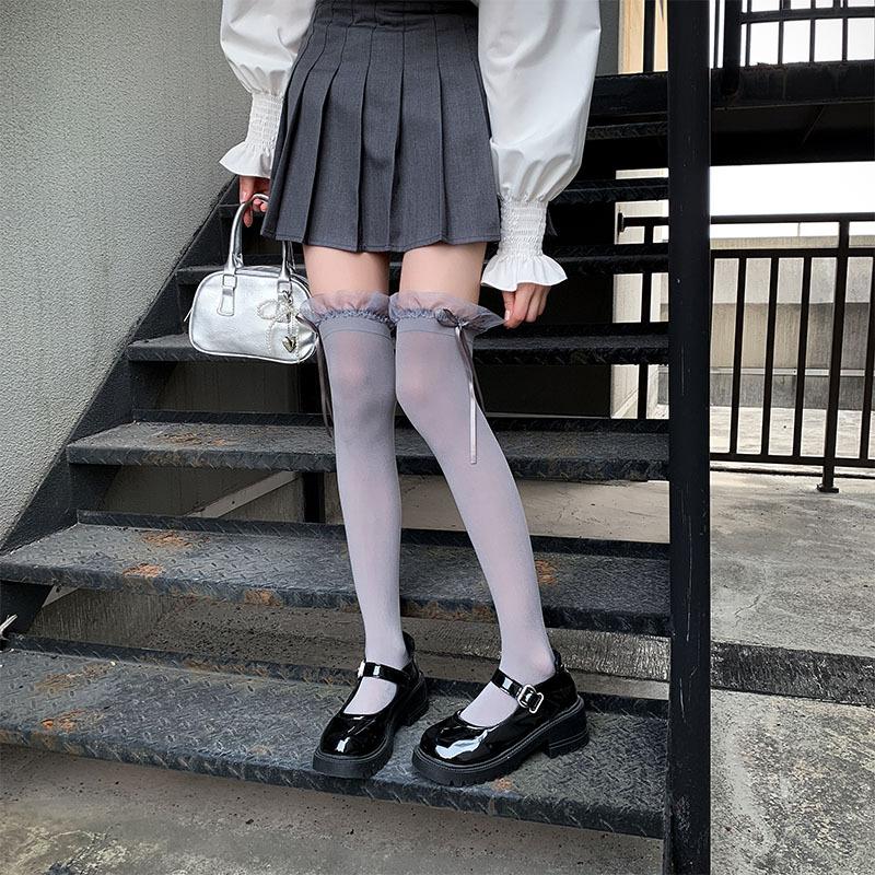 Japonský JK styl Bílé podkolenky Dětské Letní Tenké Mírně Průhledné Vysoké Čistá touha Styl Mašle Krajka Stehenní Ponožky