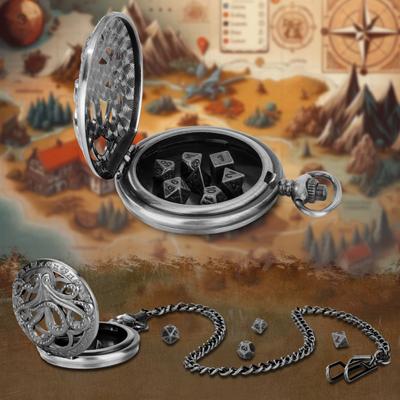 Mini DND Dice Set Dadi Poliedrici con Catena Steampunk Gear Octopus Pocket Watch Dice Set