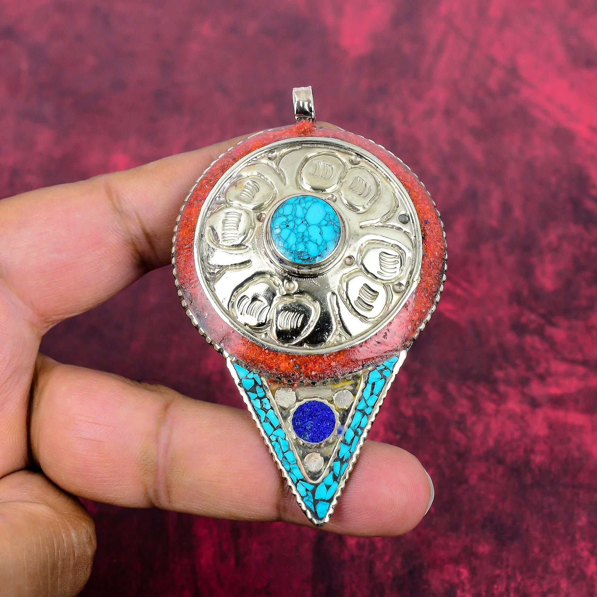 

Кулон из бирюзы, коралла и лазурита, ювелирное изделие из 925 пробы стерлингового серебра, кулон ручной работы в непальском стиле, на День благодарения 3.26 Inches