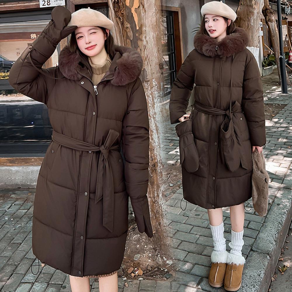 Down Cotton Clothes Women's Medium Length Over the Knee Korean Version Waist Large Fur Collar Thickened Warm Hooded Jacket