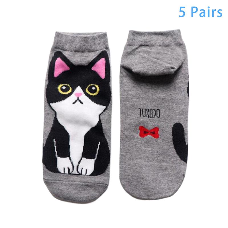 

5Pairs Cute Cartoon Cat Dog Short Socks For Women Spring Summer Breathable Cotton Socks Kawaii Animal Socks Casual Socks