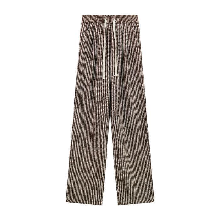 

Vertical Stripe High Waist Wide Leg Pants for Women - Black and White, Autumn/Winter, Casual Drapey Slimming Fit Medium