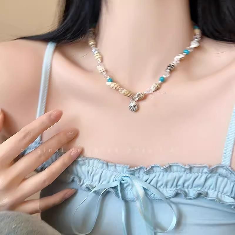 Dopamine shell beaded collarbone chain women's light luxury design accessories seaside vacation necklace