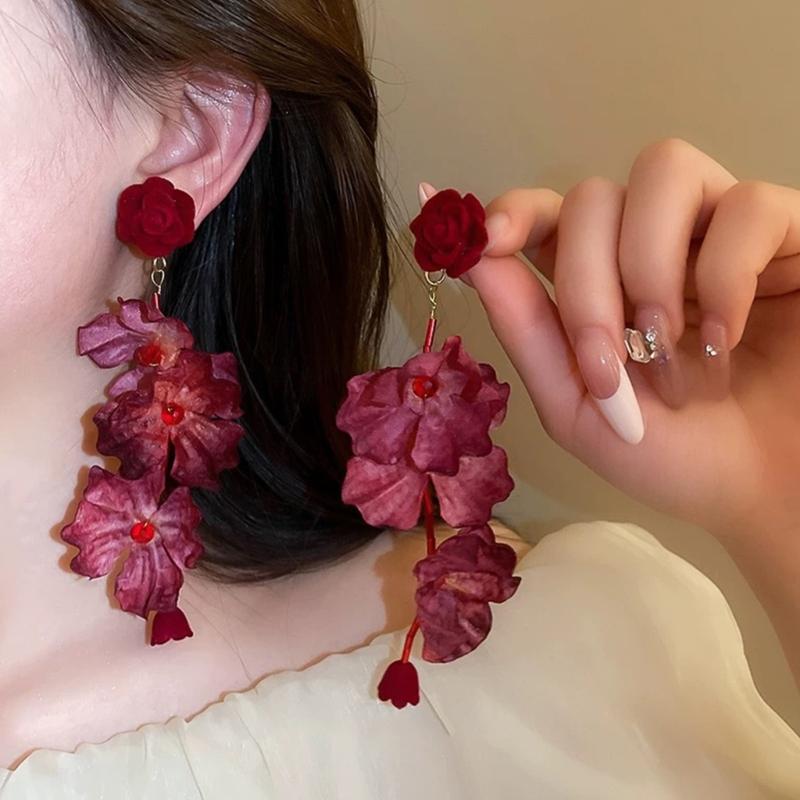 Long Flower Dangle Earrings Silver Rose Earrings Vintage Bohemian Jewelry Suitable for Women Party Holiday Wear