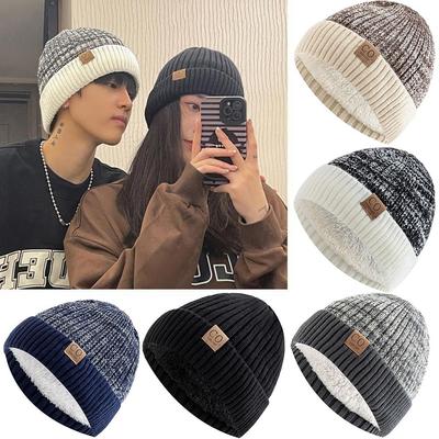 Warm Men's Winter Hat Casual Polyester Striped Winter Cap Thicken Fleece Lined Knitted Beanies Women Men