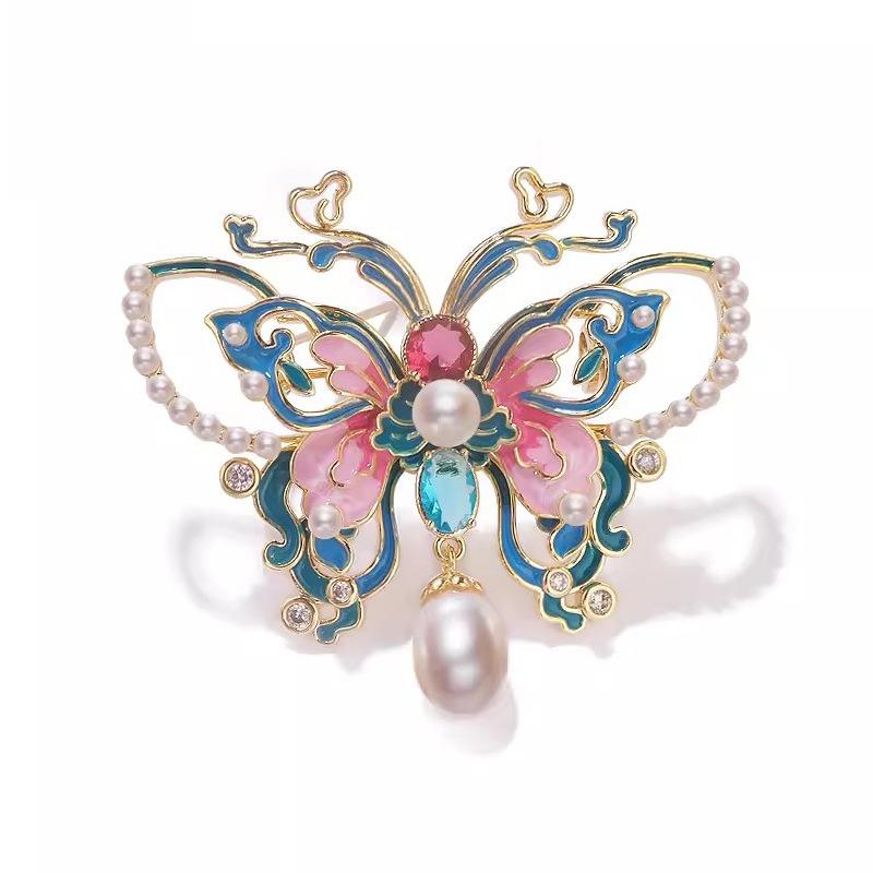 Enamel Butterfly Brooch for Women, Chinese Style, Pearl Brooch, Elegant and High-end Cheongsam Coat Pin