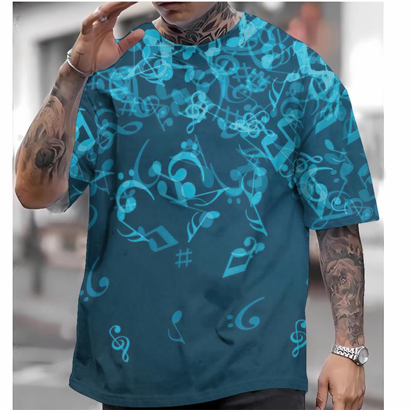 Fashionable piano key pattern T-shirt, summer popular short sleeved round neck 3D note printed T-shirt, simple casual loose T-shirt